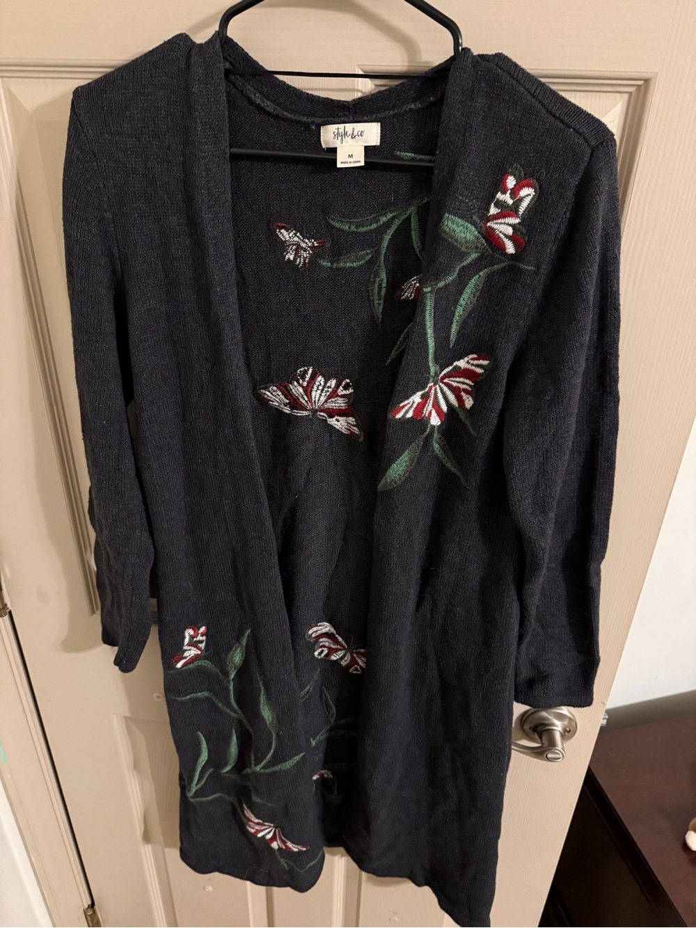 Style & Co. Black Open-Front Cardigan with Red & White Floral Embroidery
